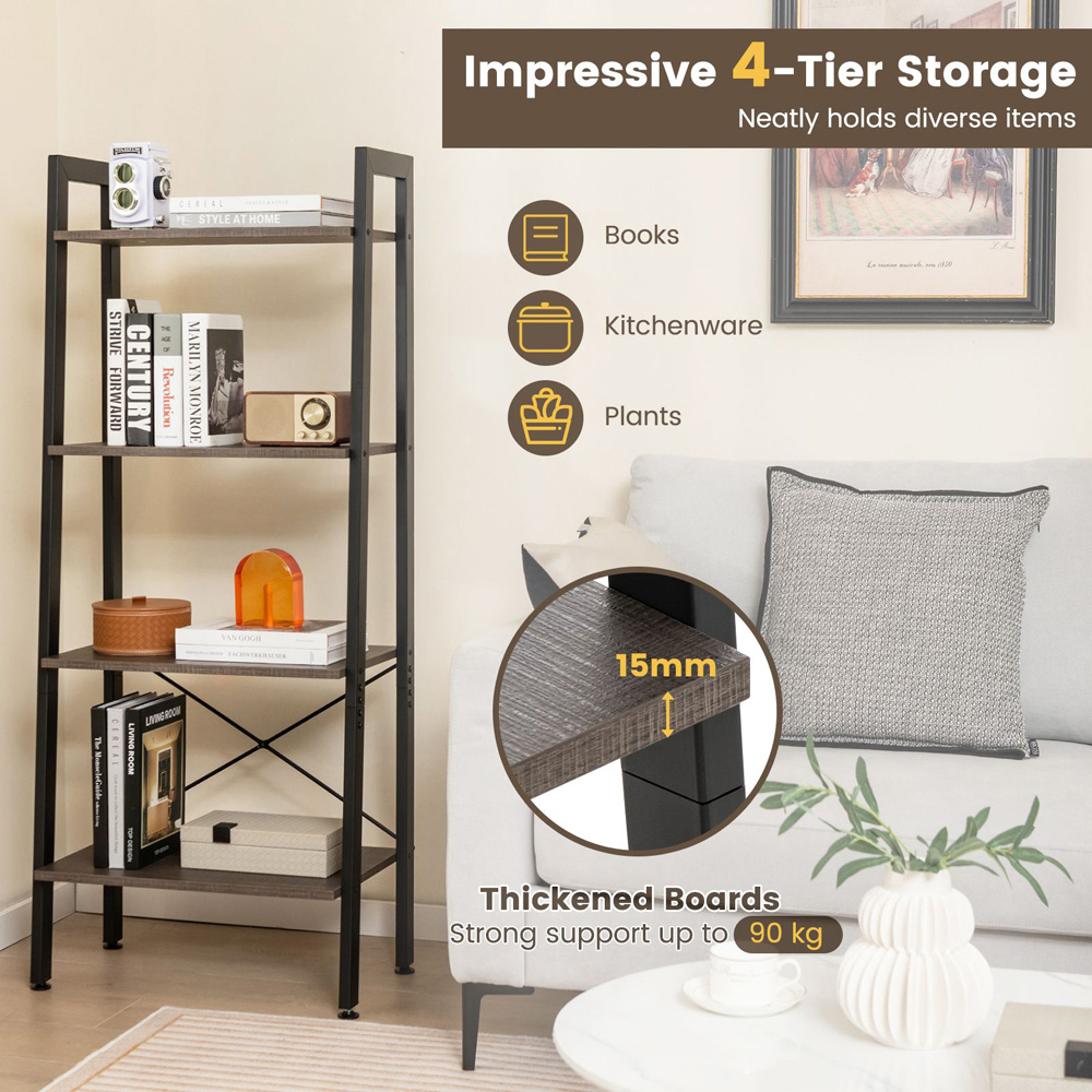 Costway 4 Shelf Brown Bookcase Image 5