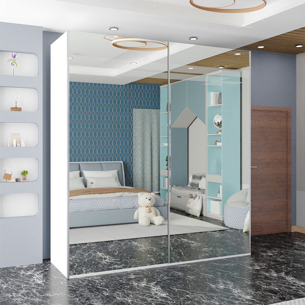 Sleek Full Mirror Sliding Wardrobe with Shelves, Rails and Large Storage Space - White 200cm Image 3