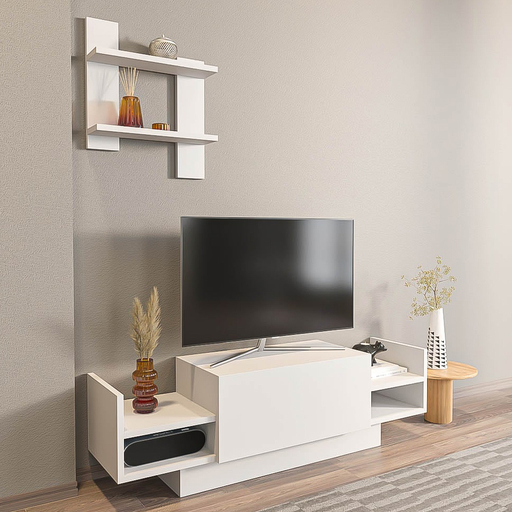 Decorotika Spring White TV Unit with Wall Shelf Image 1