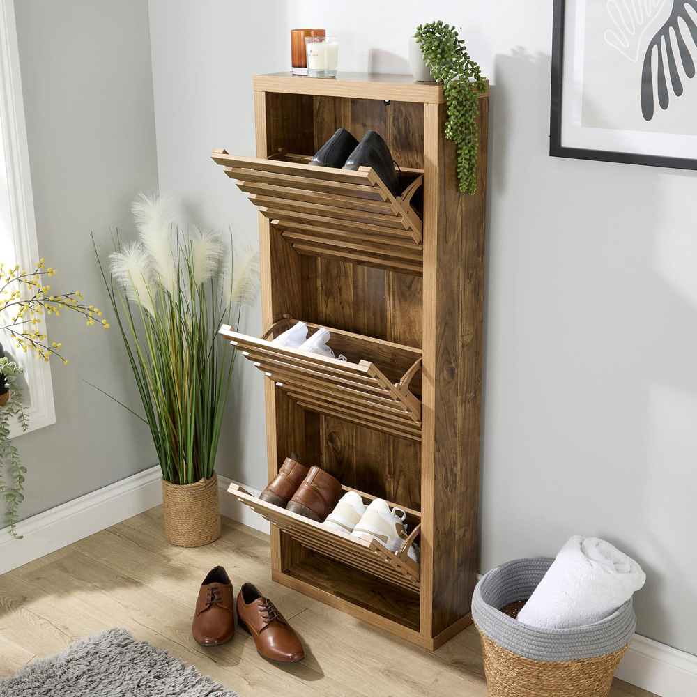 Home Source Luna 3 Flip Down Door Oak Slatted Shoe Cabinet Image 7