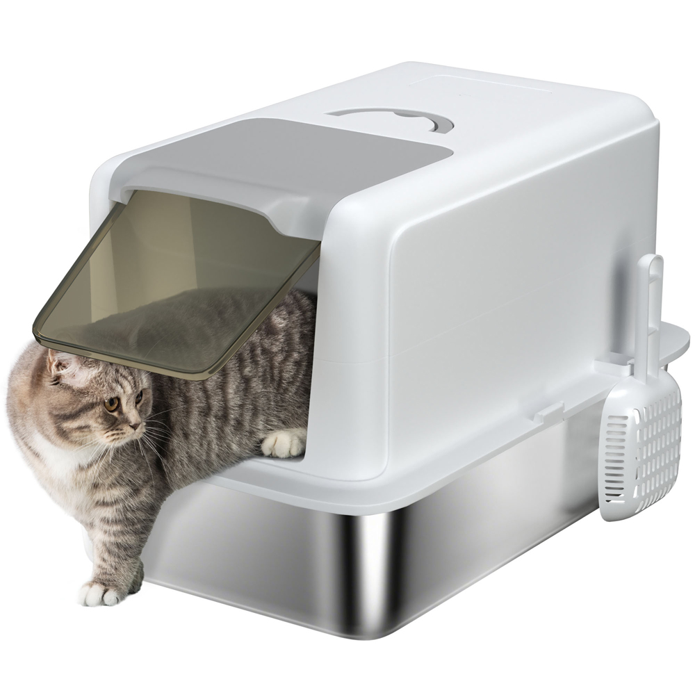 PawHut Grey Stainless Steel Cat Litter Box with Removable Lid and Scoop Image 3