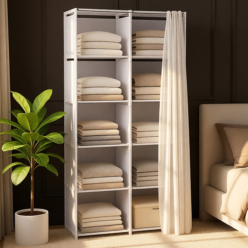 Living and Home 5-Tier White Freestanding Portable Wardrobe with Double-Row Storage and Curtain Image 1