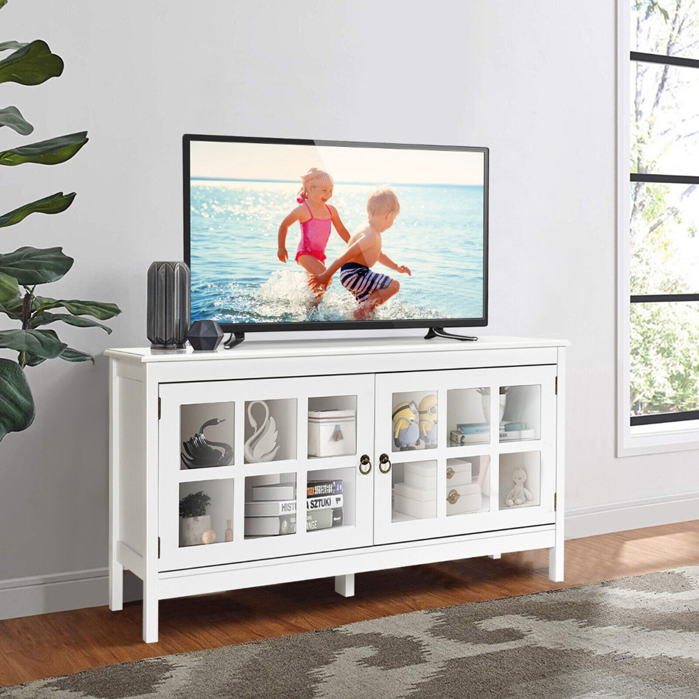 Costway 2 Glass Door White Wooden TV Unit Image 3