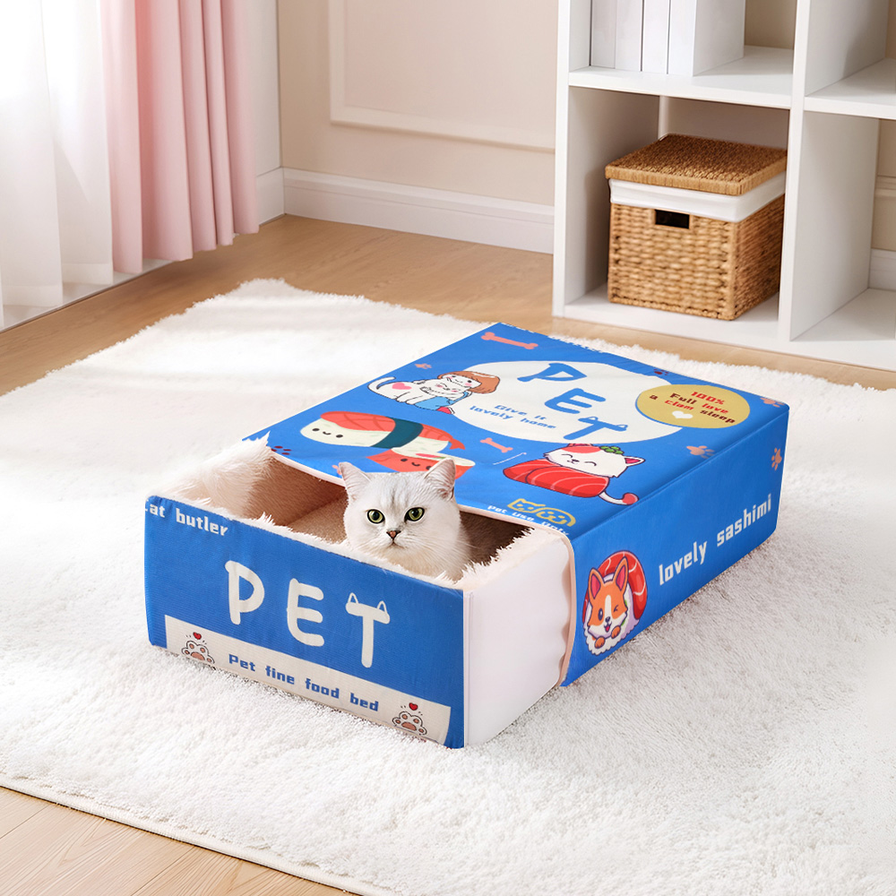 H&O Direct 37 x 43cm Blue Cute Snack Box Enclosed Cat Sleeping Bed Image 2