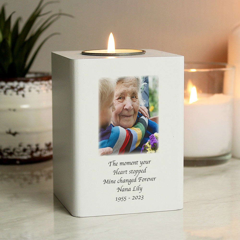 Personalised Memento White Wooden Personalised Photo Upload Tea Light Holder Image 3