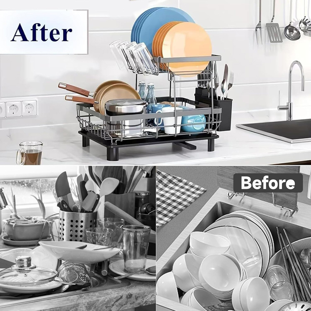 ATEK 2-Tier Black Dish Drying Rack with Drain Tray Image 6