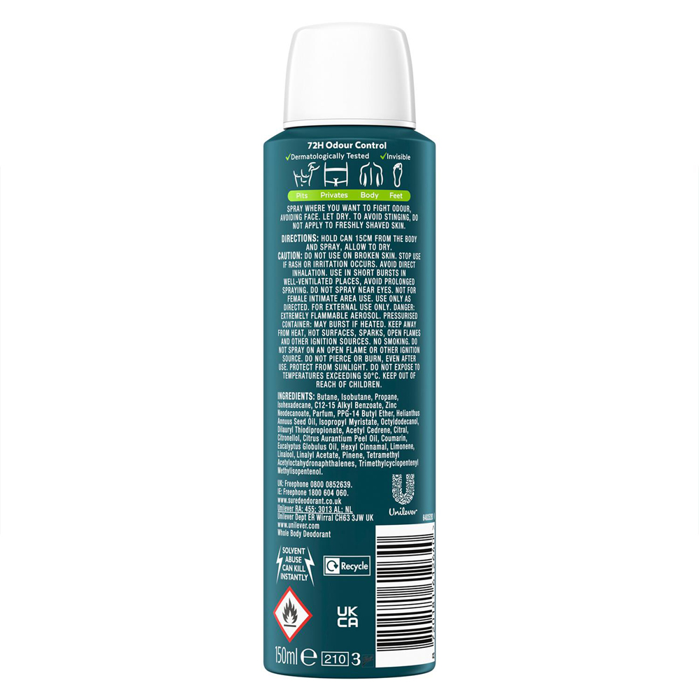 Sure Men 72H Odour Control Whole Body Active Fresh Deodorant Spray 150ml 24 Pack Image 3