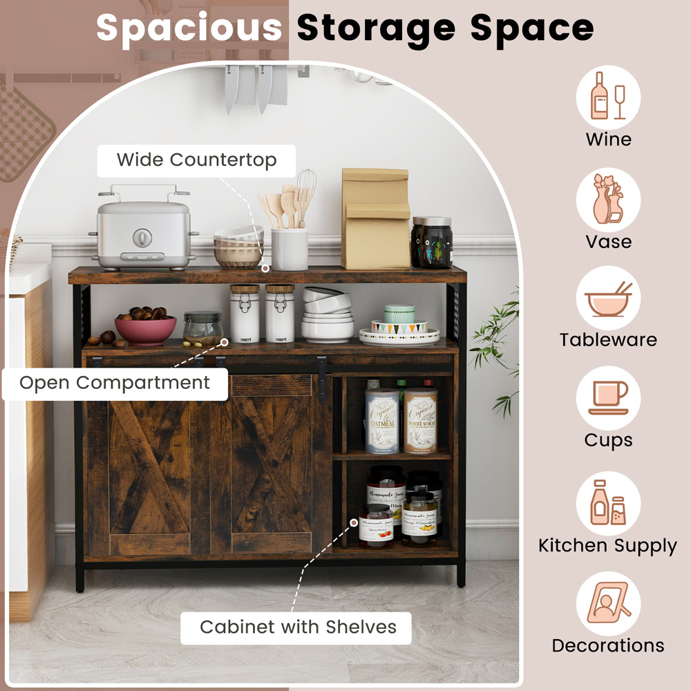 Costway 2 Door 3 Shelf Rustic Brown Buffet Cabinet Image 4