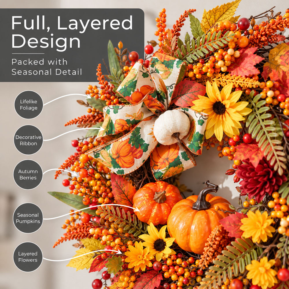 Neo Yellow Artificial Autumn Wreath with Pumpkins and Sunflowers 50cm Image 5