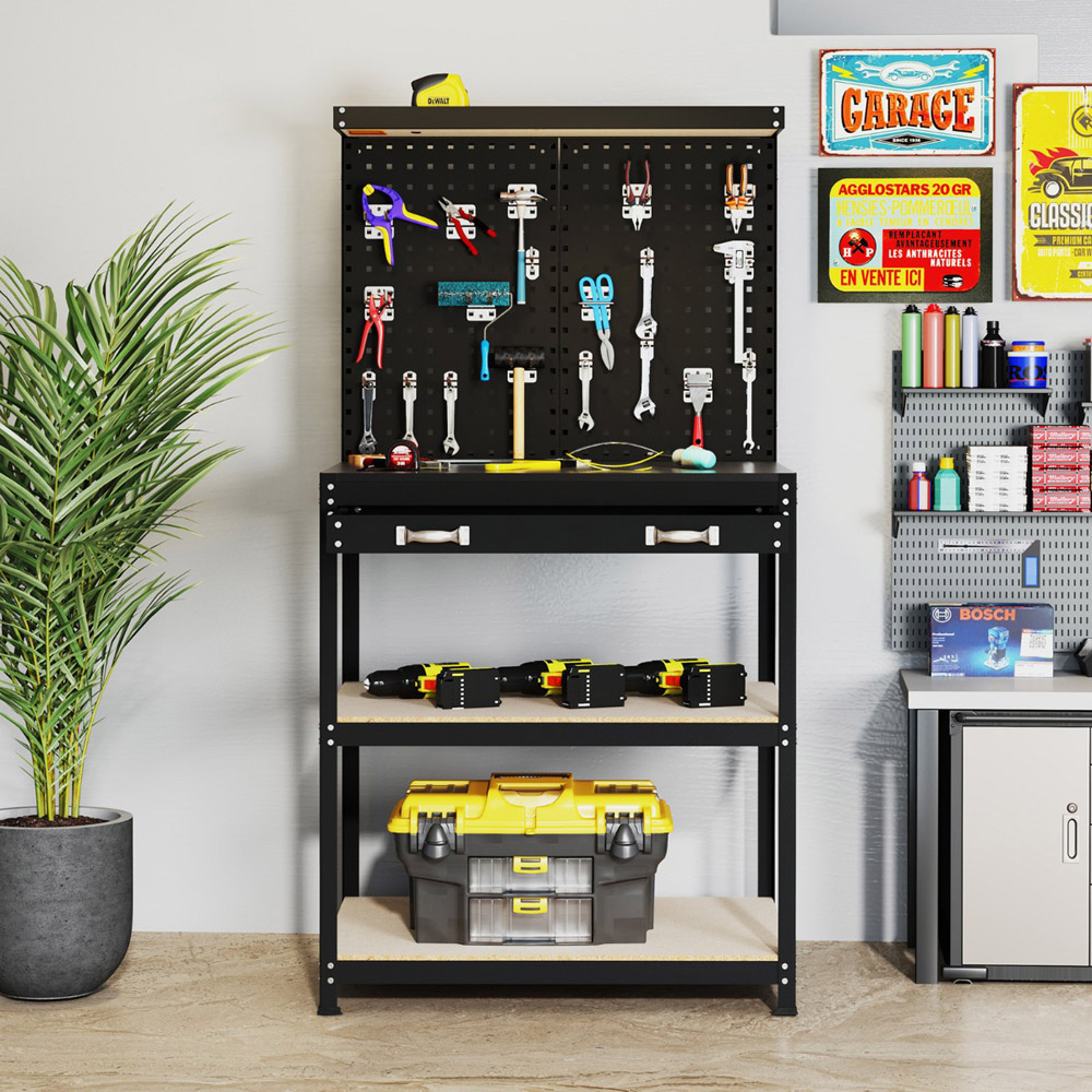 Costway Black Workbench with Pegboard and Shelves 81 x 41cm Image 2