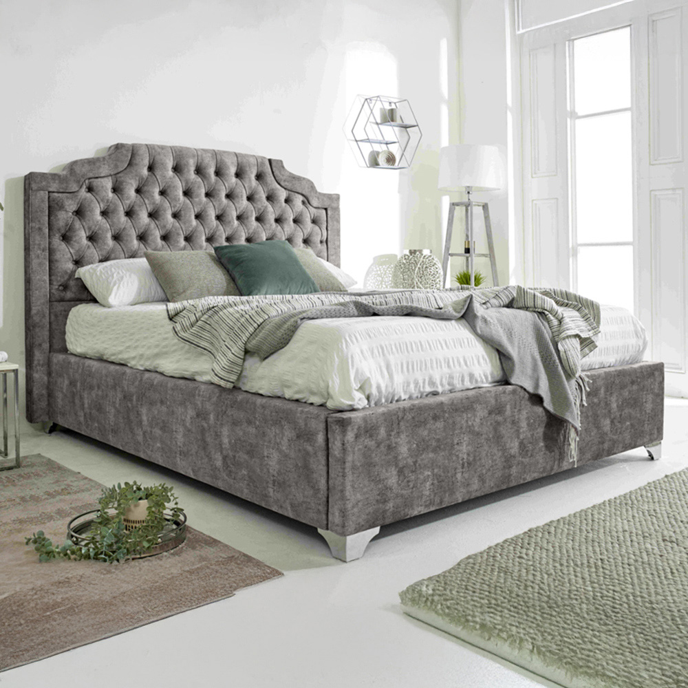Eleganza Ryker King Size Grey Oakland Fabric Bed Frame with Chesterfield Headboard Image 1