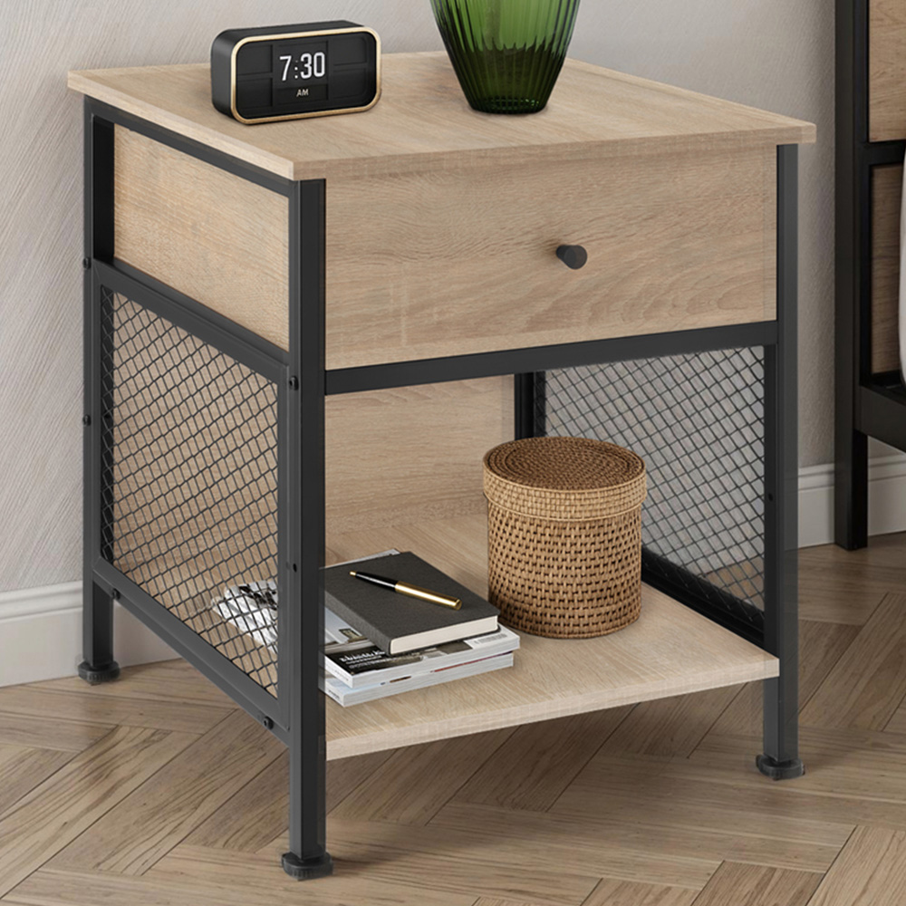 tectake Killarney Single Drawer Light Industrial Wood Bedside Table Image 1