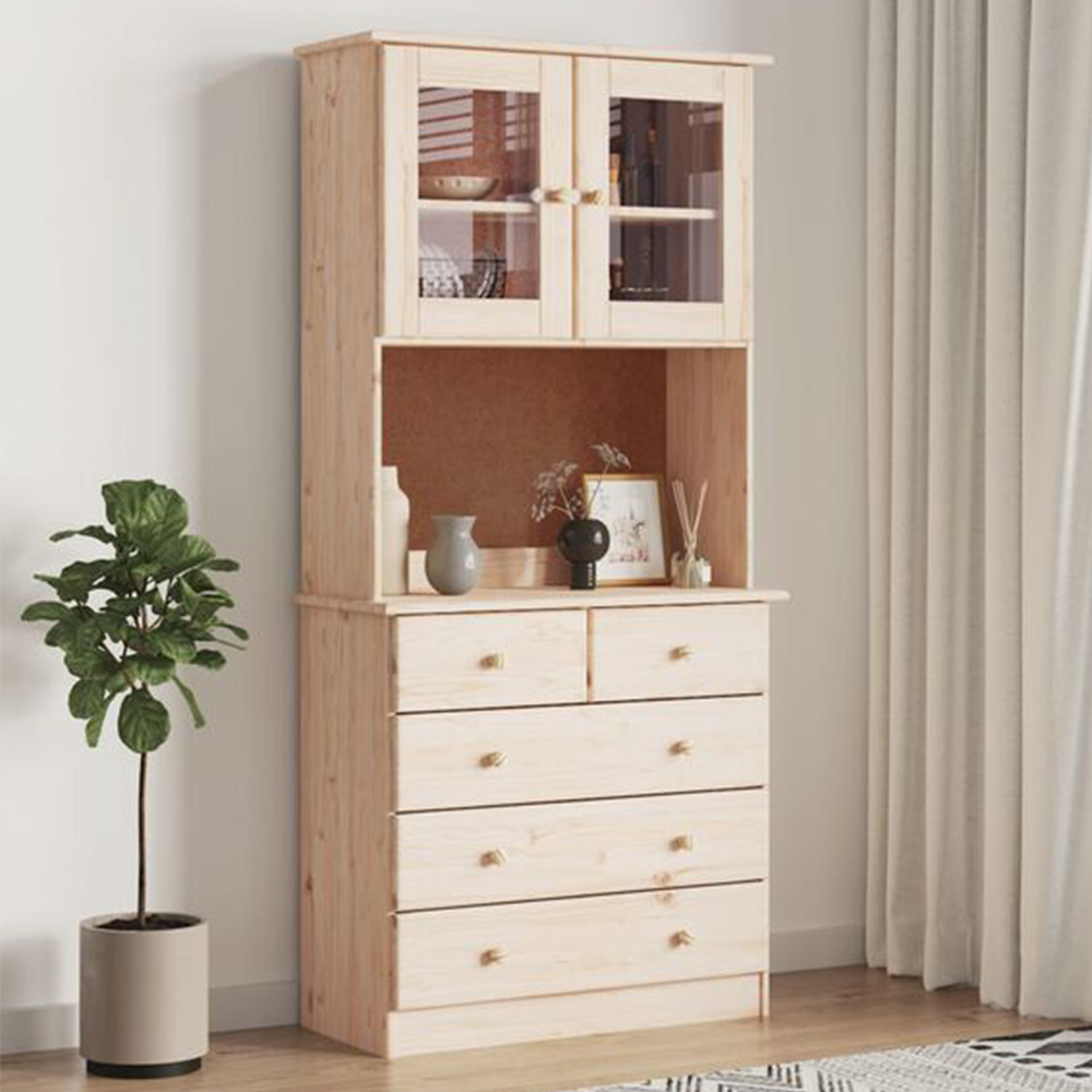 vidaXL 2 Glass Door 5 Drawer Single Shelf Natural Solid Pine Wood Highboard Image 1
