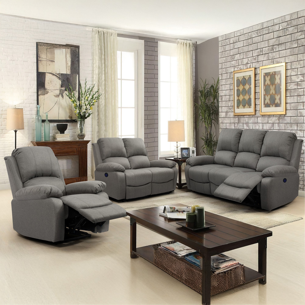Comfy Living 6 Seater Light Grey Linen Electric Recliner Sofa Set Image 1