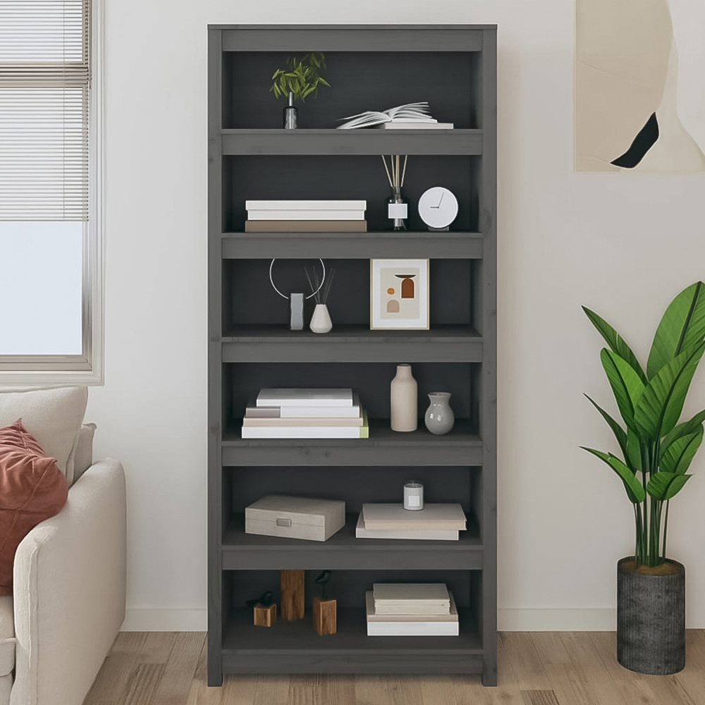 vidaXL 6 Shelf Grey Solid Pine Wood Bookcase Image 1