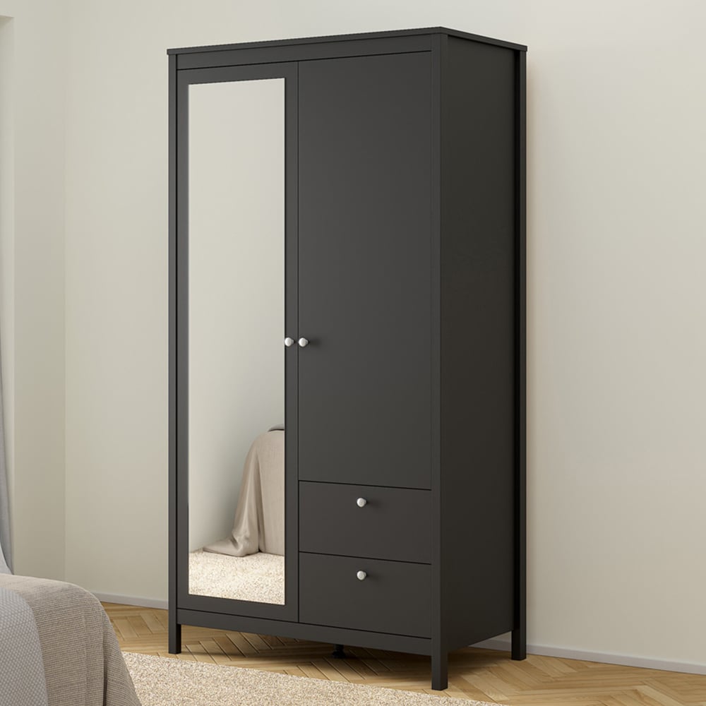 Florence Madrid 2 Door 2 Drawer Matt Black Wardrobe with Mirror Door Image 1