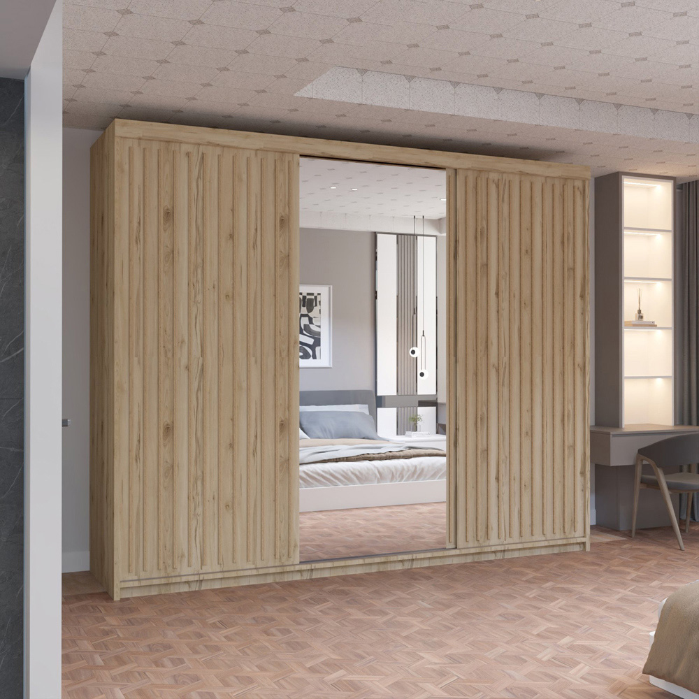 M N Furniture Roman 3 Door Oak Mirrored Sliding Wardrobe 250cm Image 4