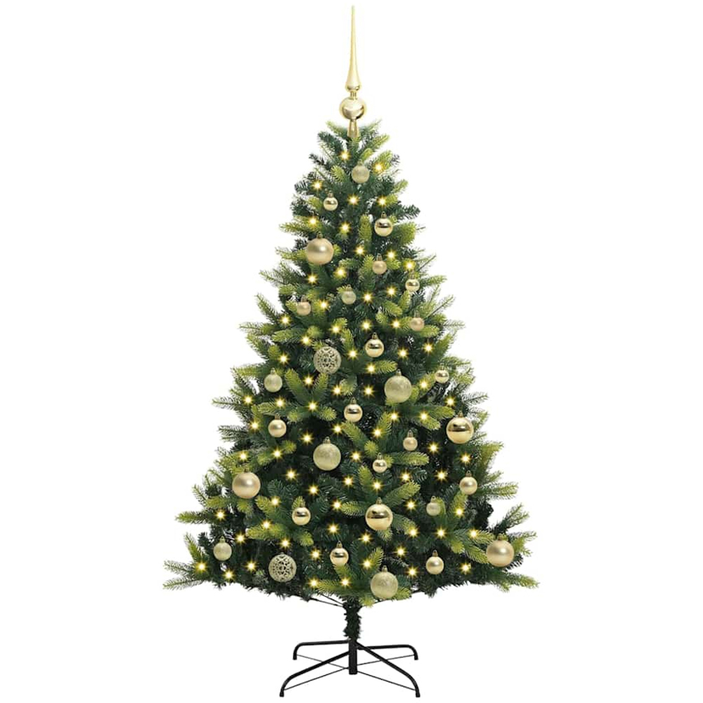 vidaXL Pre-Lit Gold Baubles Green Artificial Hinged Christmas Tree 4ft Image 1