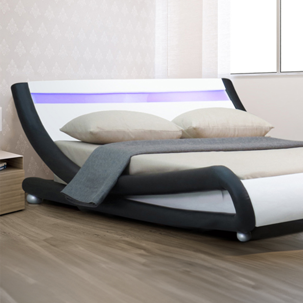 Brooklyn Italian Designer Double Size Black and White Faux Leather Bed Frame with LED Image 2