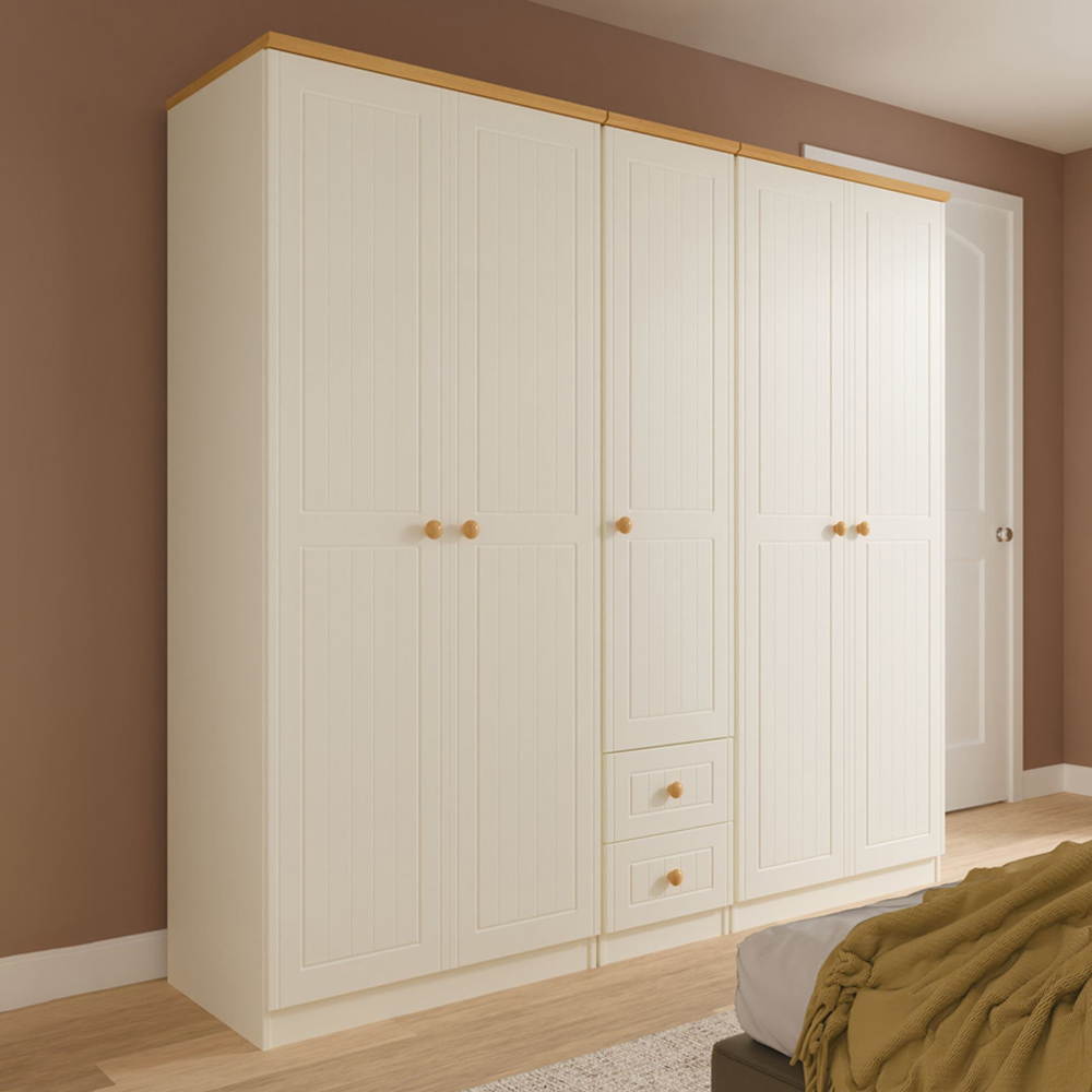 Crowndale Warwick 5 Door 2 Drawer Cream Ash and Modern Oak Wardrobe Ready Assembled Image 1