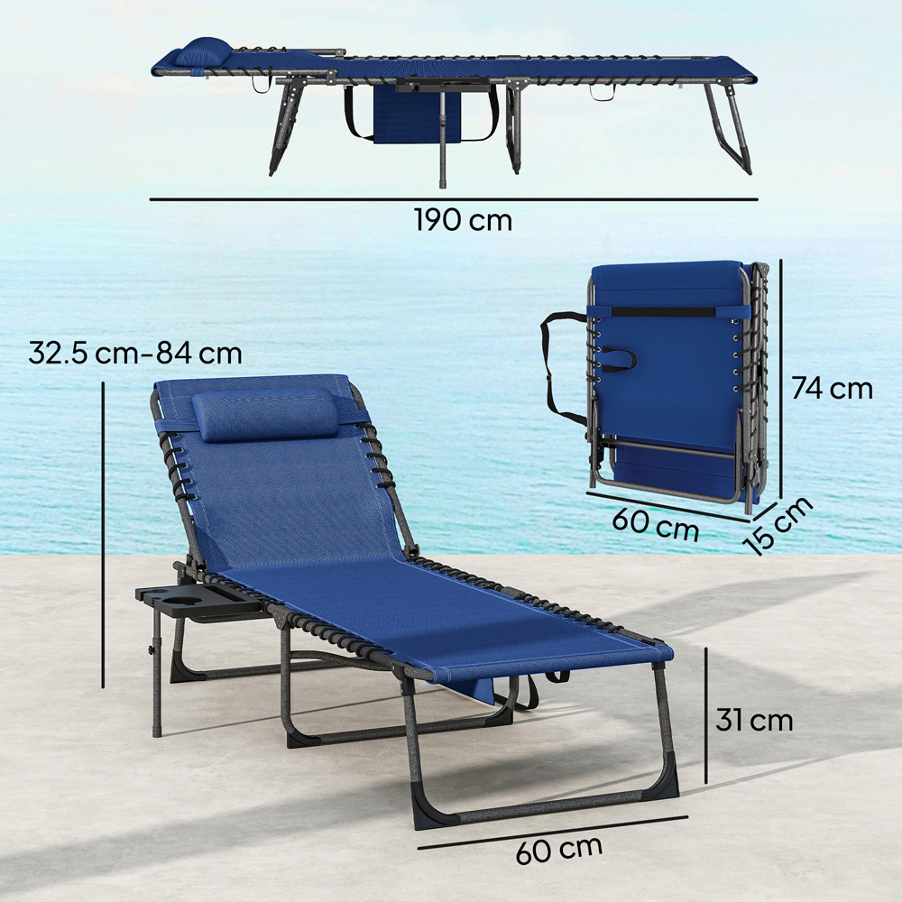 Outsunny Dark Blue 5-Level Reclining Foldable Sun Lounger with Cup Holder Image 8