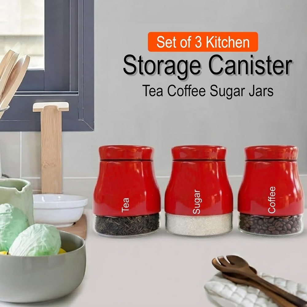 ATEK 3 Piece Tea Coffee and Sugar Red Kitchen Canister Set Image 2