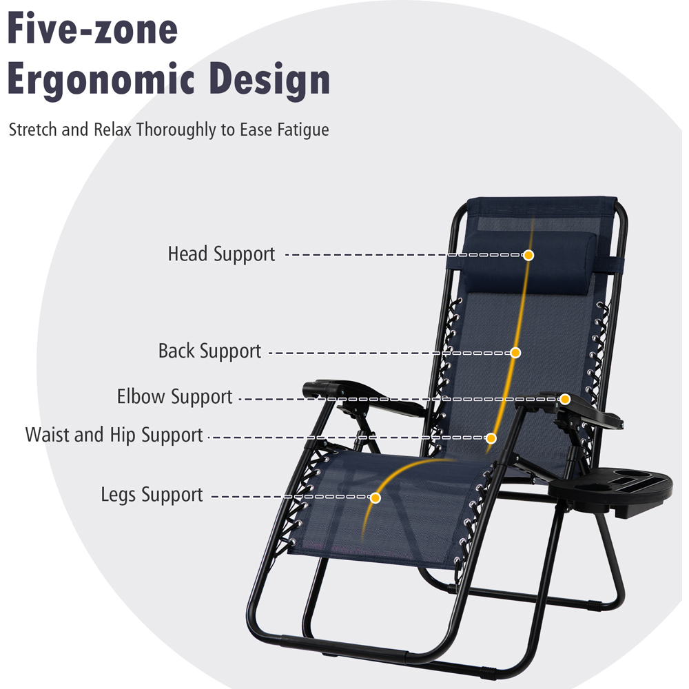 Costway Navy Folding Patio Recliner with Removable Headrest and Cup Holder Image 5