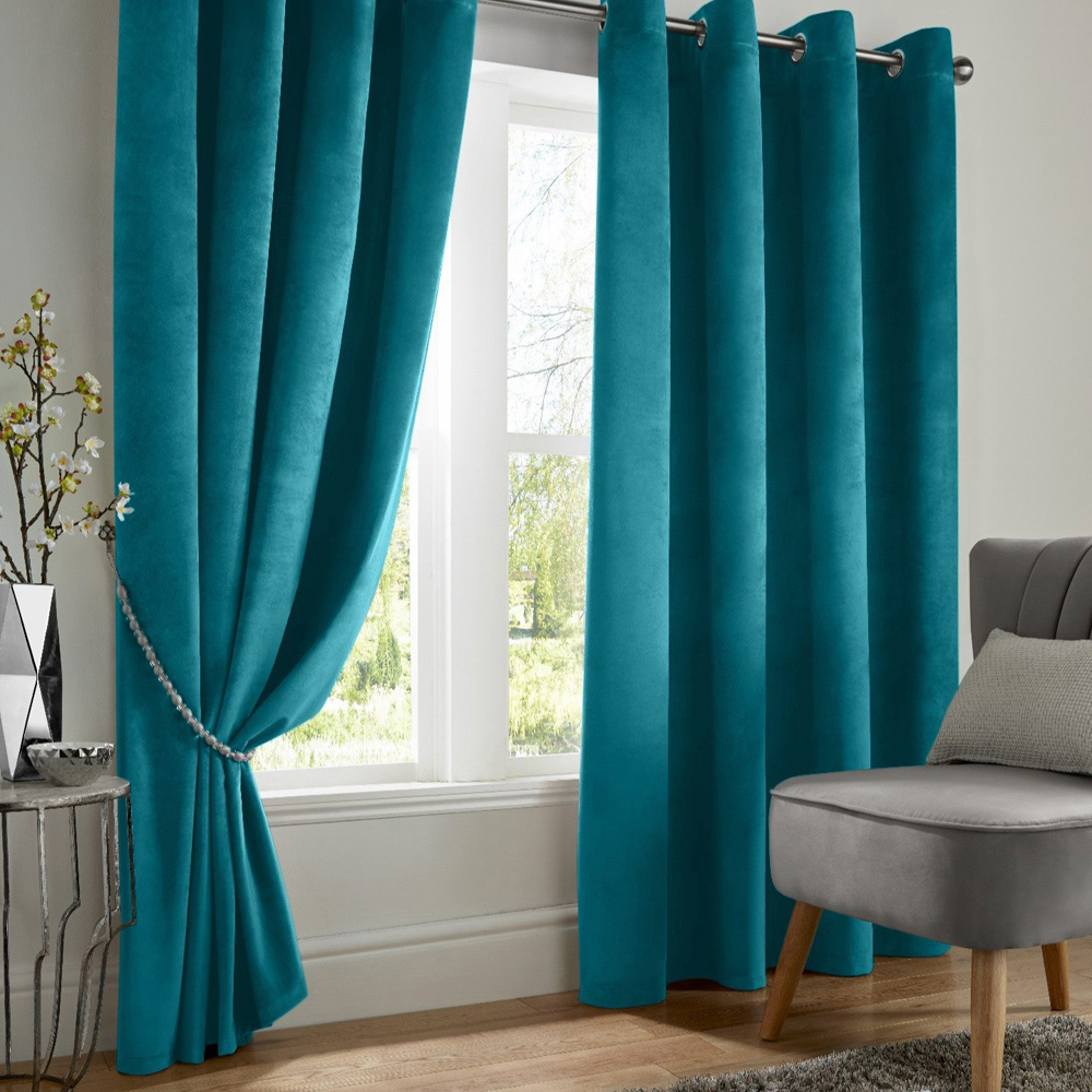 Alan Symonds Teal Velvet Blackout Ring Top Eyelet Curtains 117 x 137cm Image 1