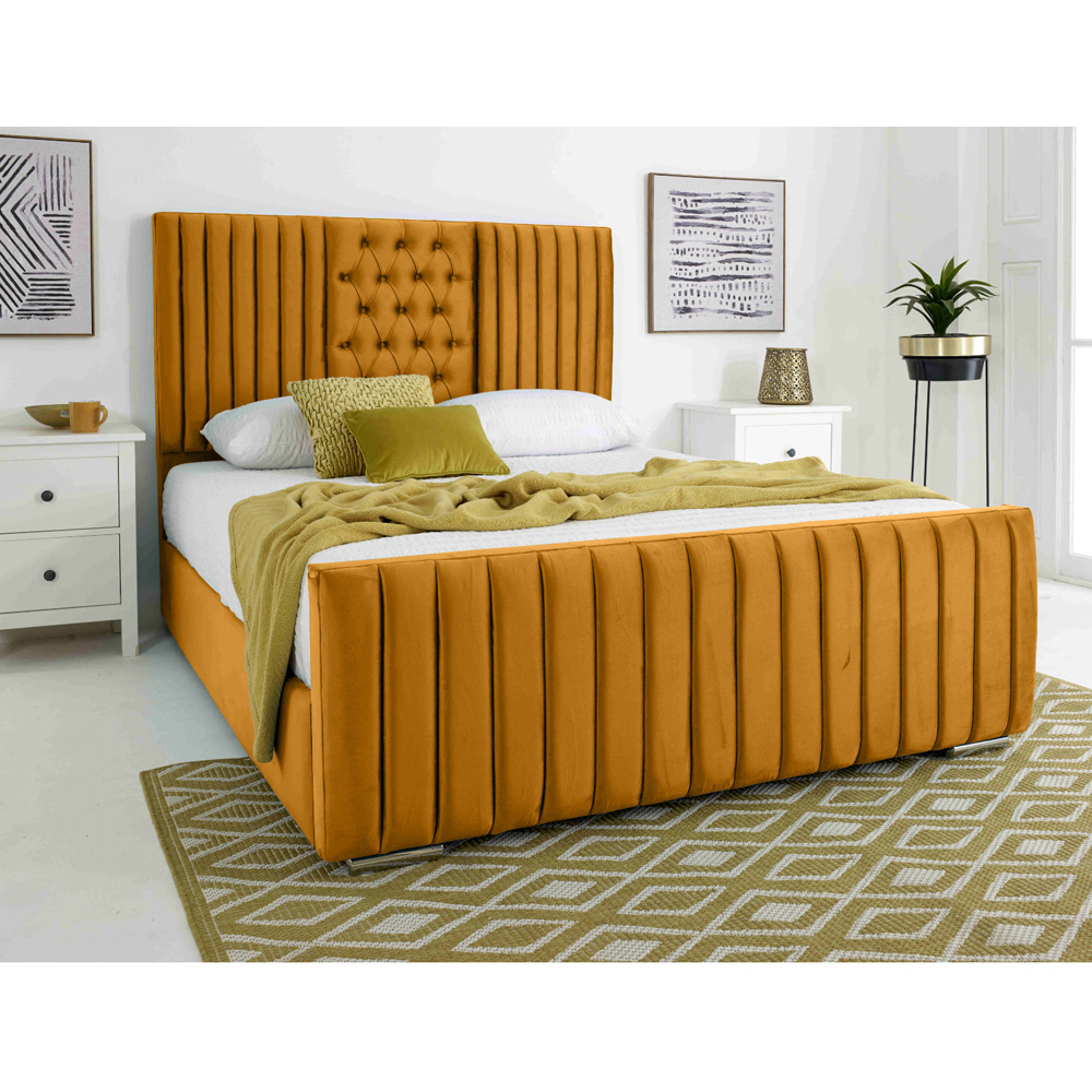 Eleganza Gracie Small Double Mustard Plush Velvet Bed Frame with Lined Headboard Image 2