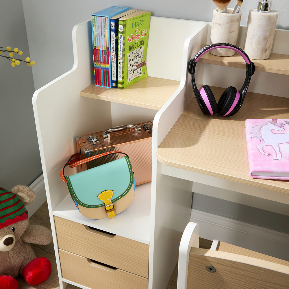 Home Source Scribbly 2 Drawer 3 Shelf White and Wood Effect Kids Study Desk Set Image 7