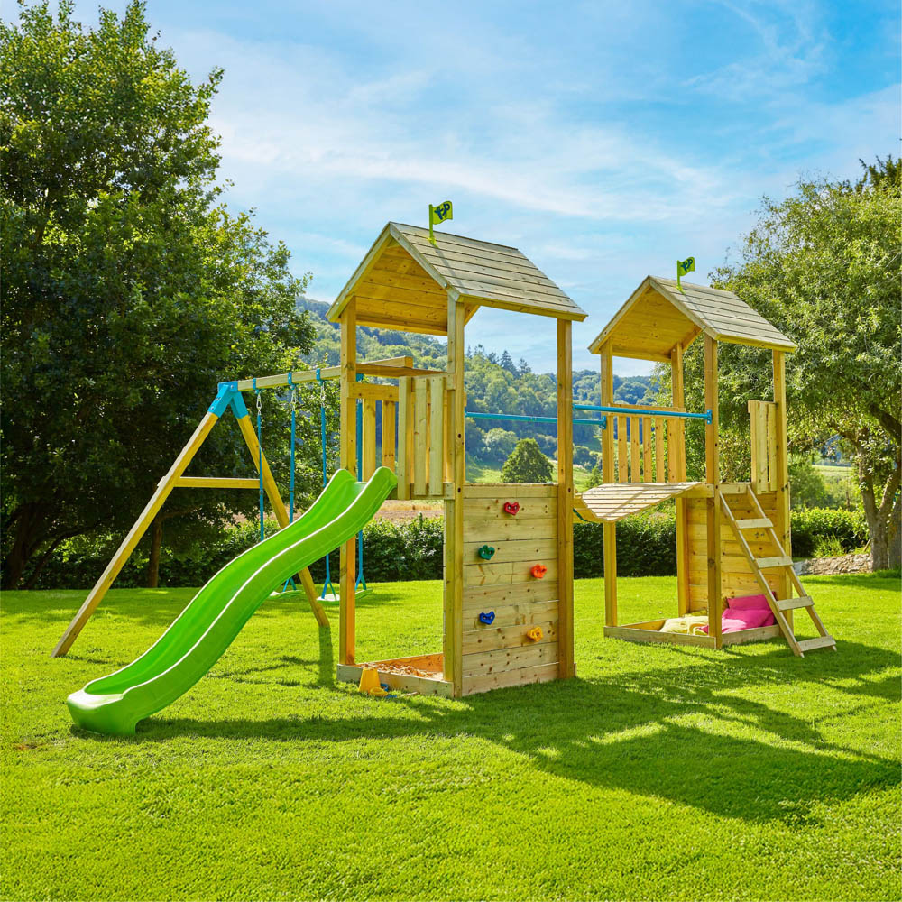 TP Skywood Kids Wooden Climbing Frame with Two Towers Sky Bridge Double Swing and Slide Image 2