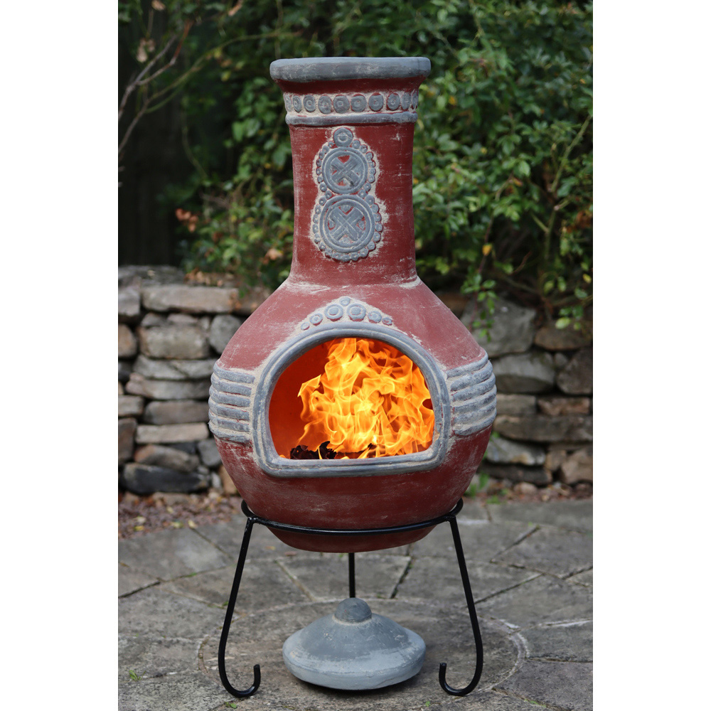 Gardeco Azteca Extra Large Red and Grey Mexican Chimenea with Stand and Lid Image 4