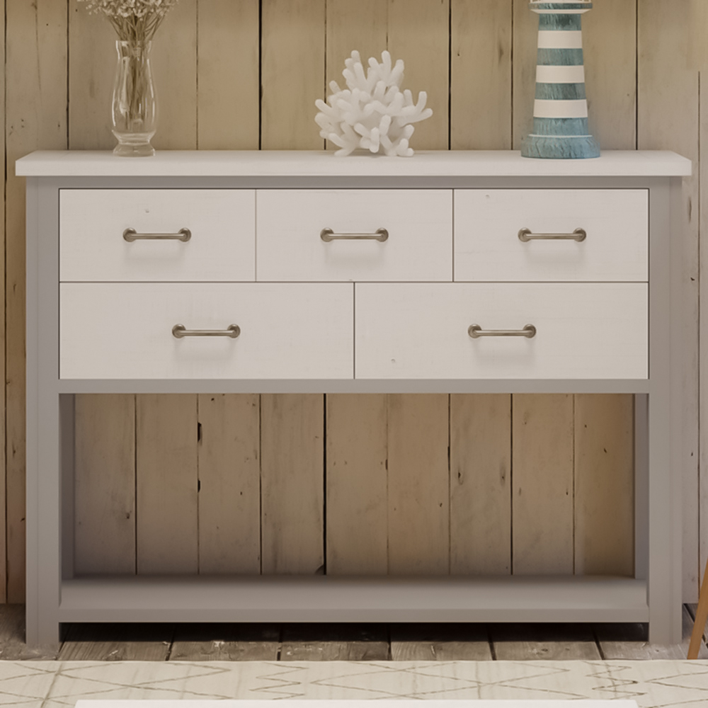 Baumhaus Greystone 5 Drawer Single Shelf White Console Table Image 1