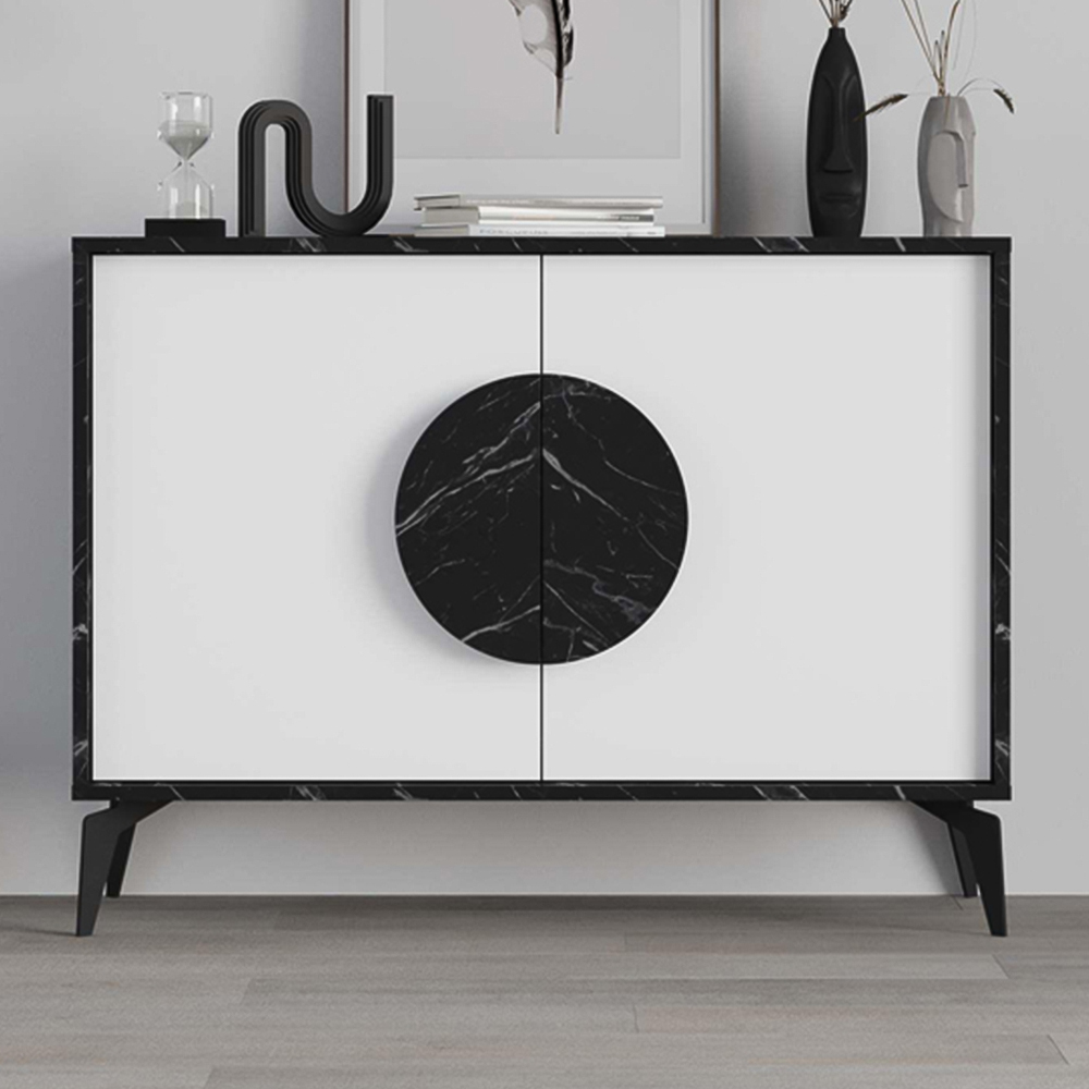 Decortie Gora 2 Door Black Marble Effect and White Console Sideboard Image 1