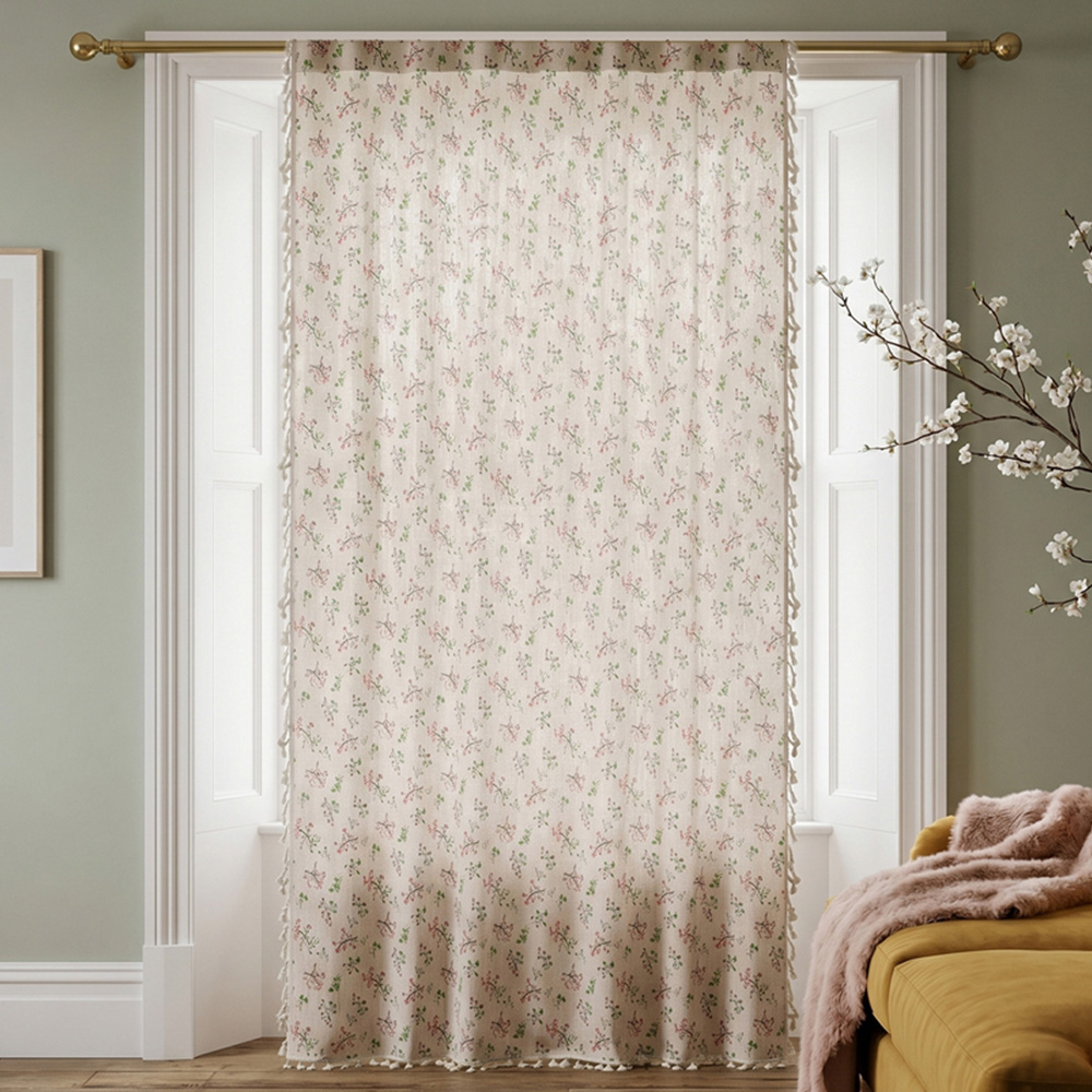 Living and Home Beige Bohemian Botanical Print Semi Sheer Curtain 245 x 150cm Image 1