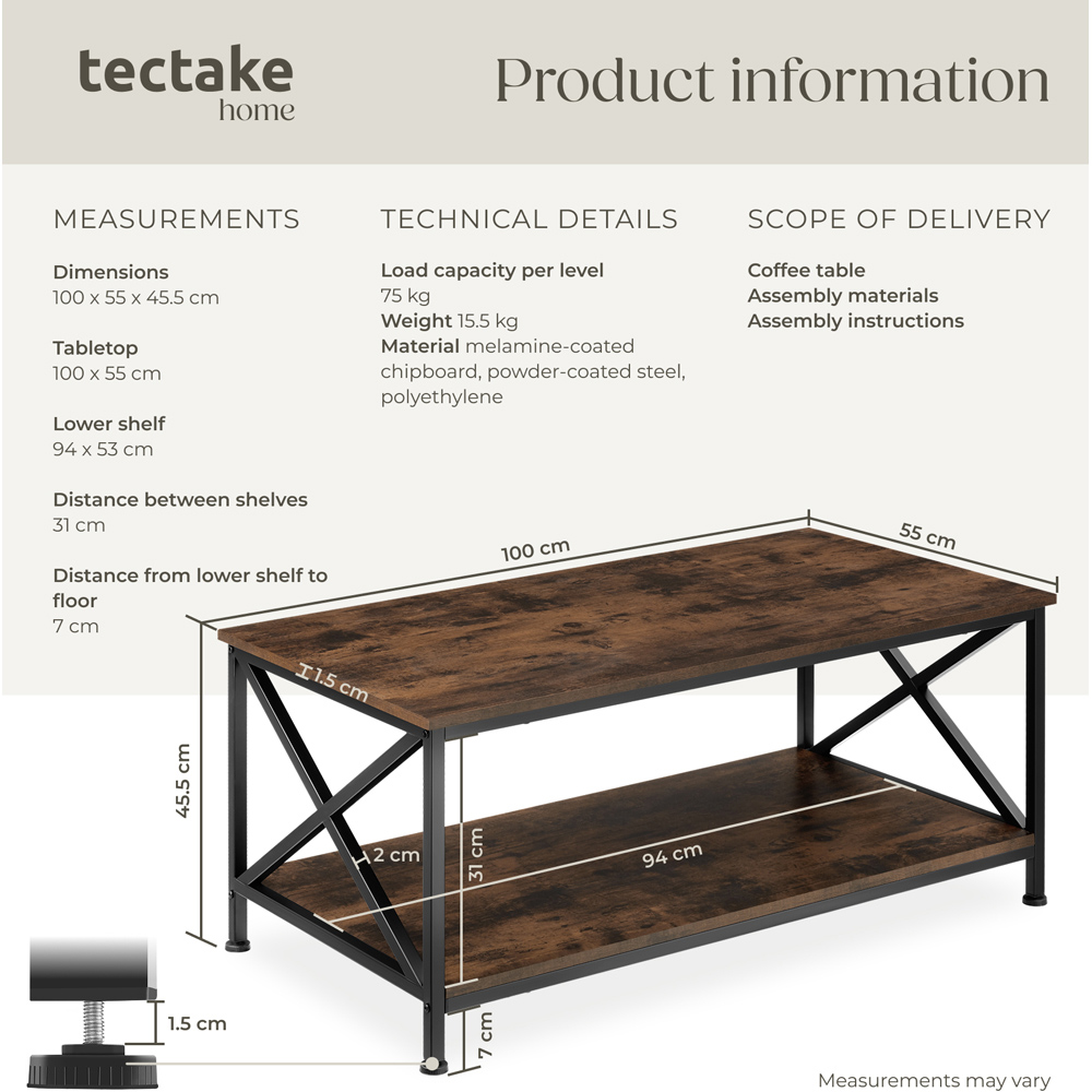 tectake Pittsburgh 2 Shelf Dark Industrial Wood Rustic Coffee Table Image 9