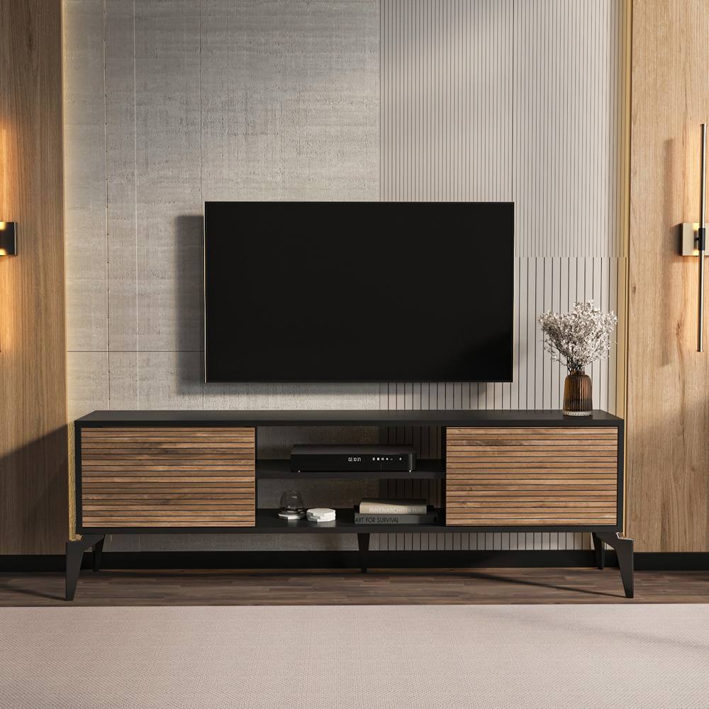 Decorotika Lojo 2 Door 2 Shelf Black Alina TV Stand for 71 inch TV Image 5