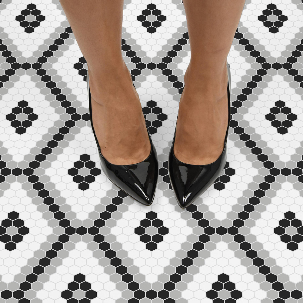 Floorpops Leyton Black and White Peel and Stick Floor Tile 30.48 x 30.48cm 10 Pack Image 6
