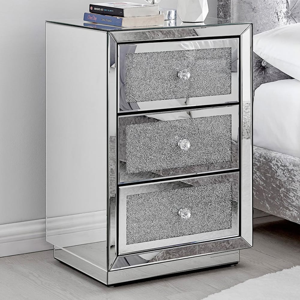 Furniturebox Scarlett 3 Drawer Silver Mirrored Bedside Table Image 1