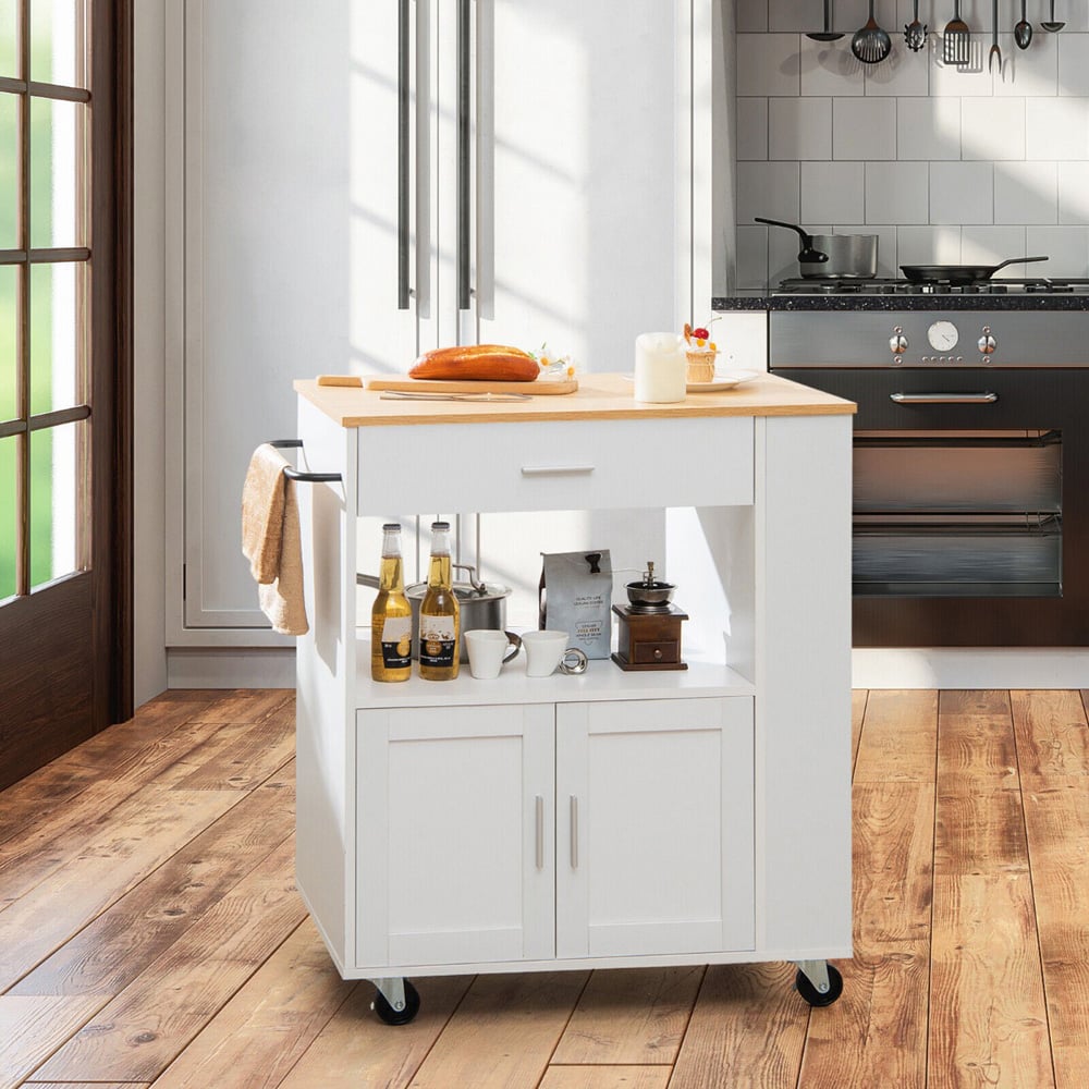 Costway 2 Door Single Drawer White Kitchen Island Trolley Image 2