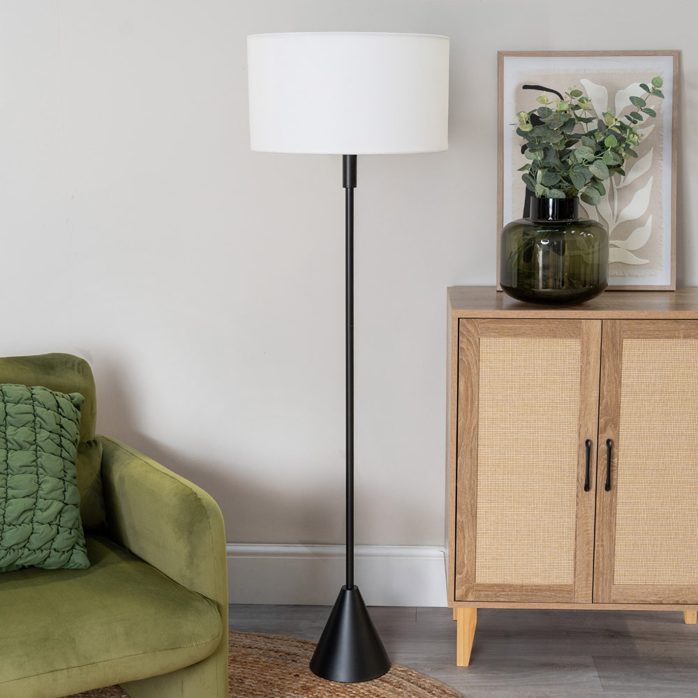 ValueLights Mitch Natural Linen White Trim Lamp Shade Black Wood Triangle LED Floor Lamp Image 3