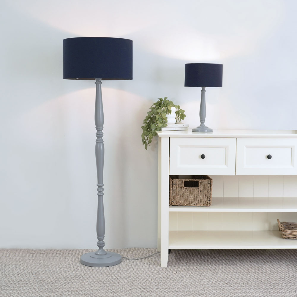 ValueLights Victoria Navy Blue Fabric Drum Shade Grey Wood Traditional Stem LED Table Lamp Image 2