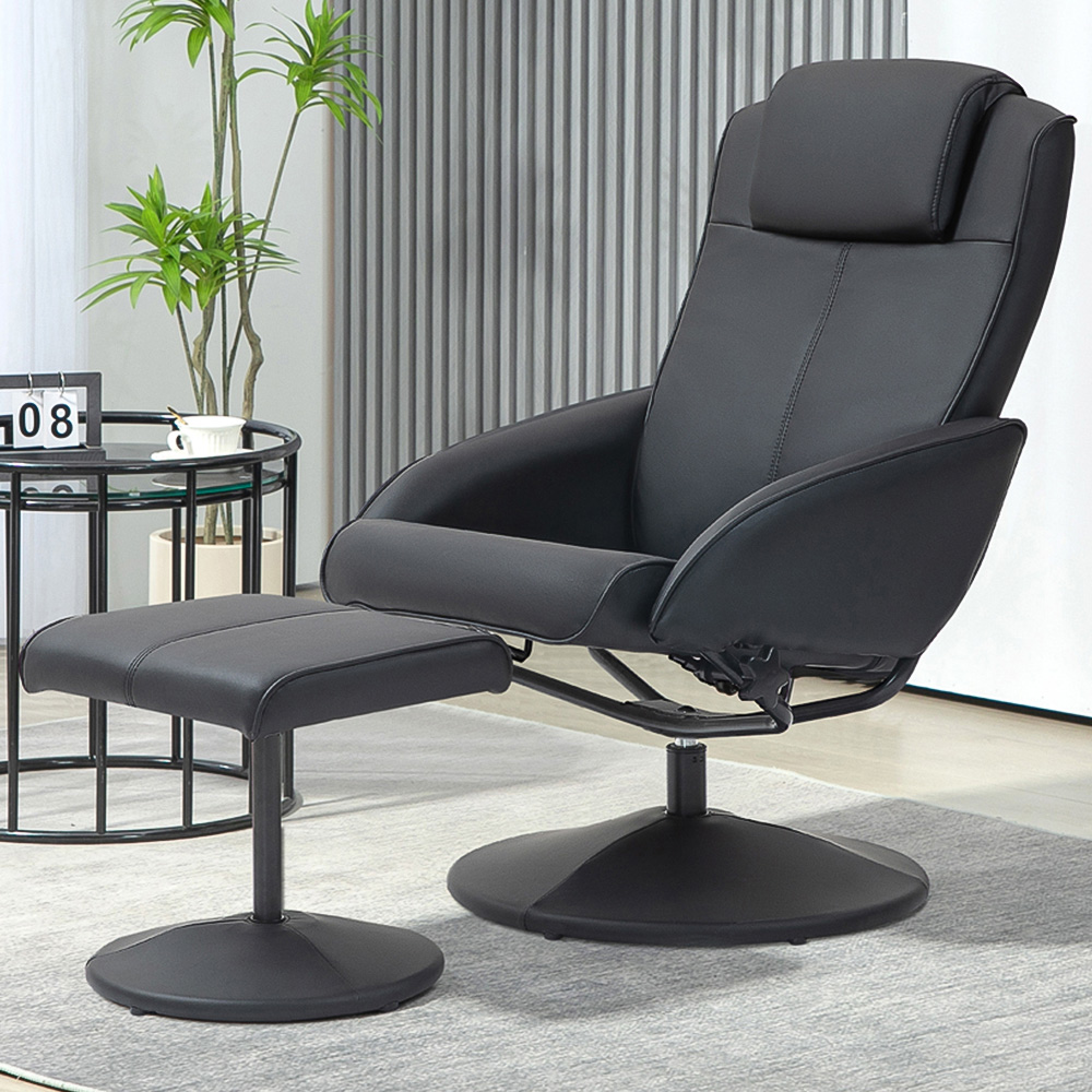 HOMCOM Black PU Leather Upholstered Recliner Chair and Footstool Image 1