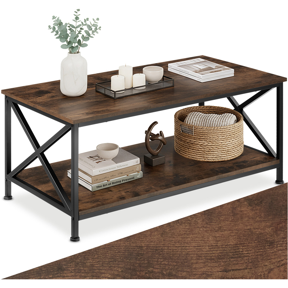 tectake Pittsburgh 2 Shelf Dark Industrial Wood Rustic Coffee Table Image 2