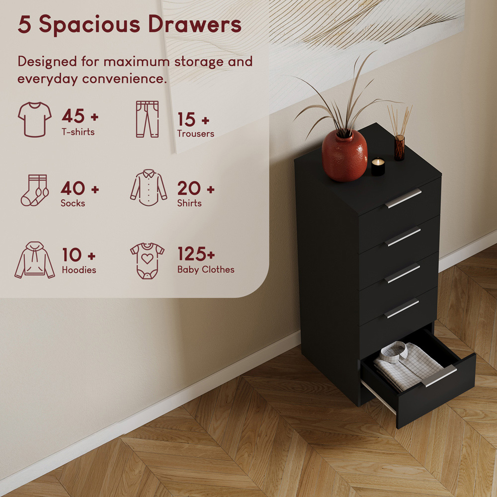 VIDA DESIGNS Trega 5 Drawer Black Narrow Bedside Cabinet Image 6