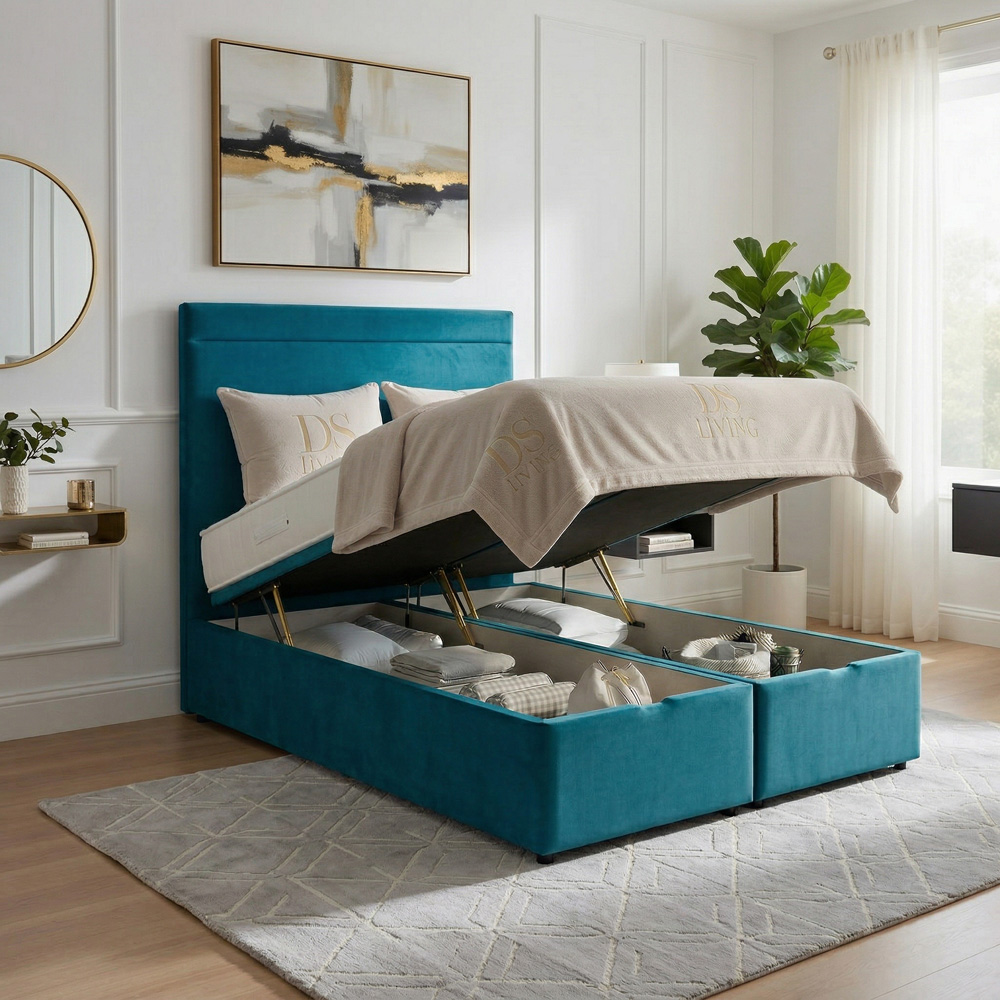 DS Living Majesty King Size Sky Blue Plush Velvet Ottoman Bed Image 2