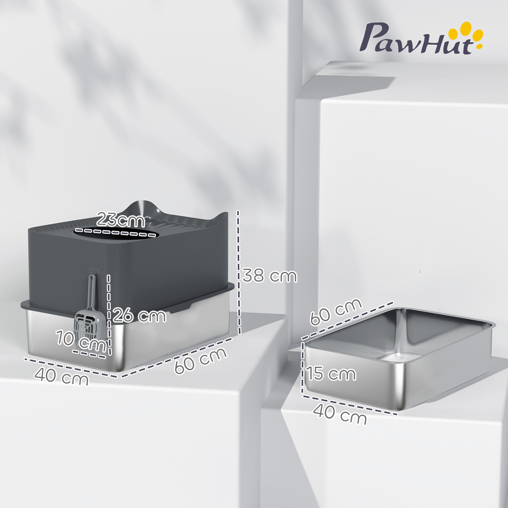PawHut Dark Grey Stainless Steel Enclosed Cat Litter Box with Metal Litter Tray Image 9