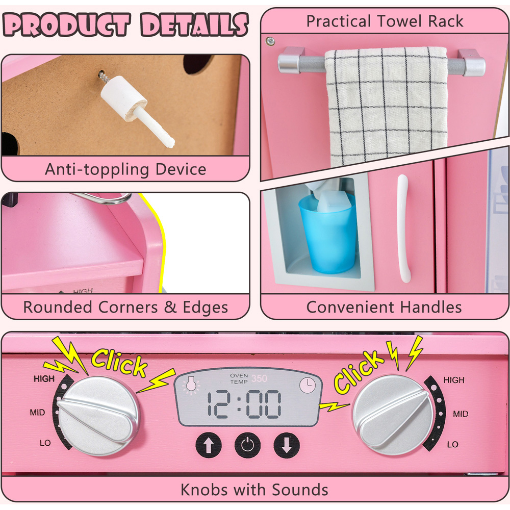 Costway Pink Toddler Pretend Kitchen Playset with Accessories Image 5