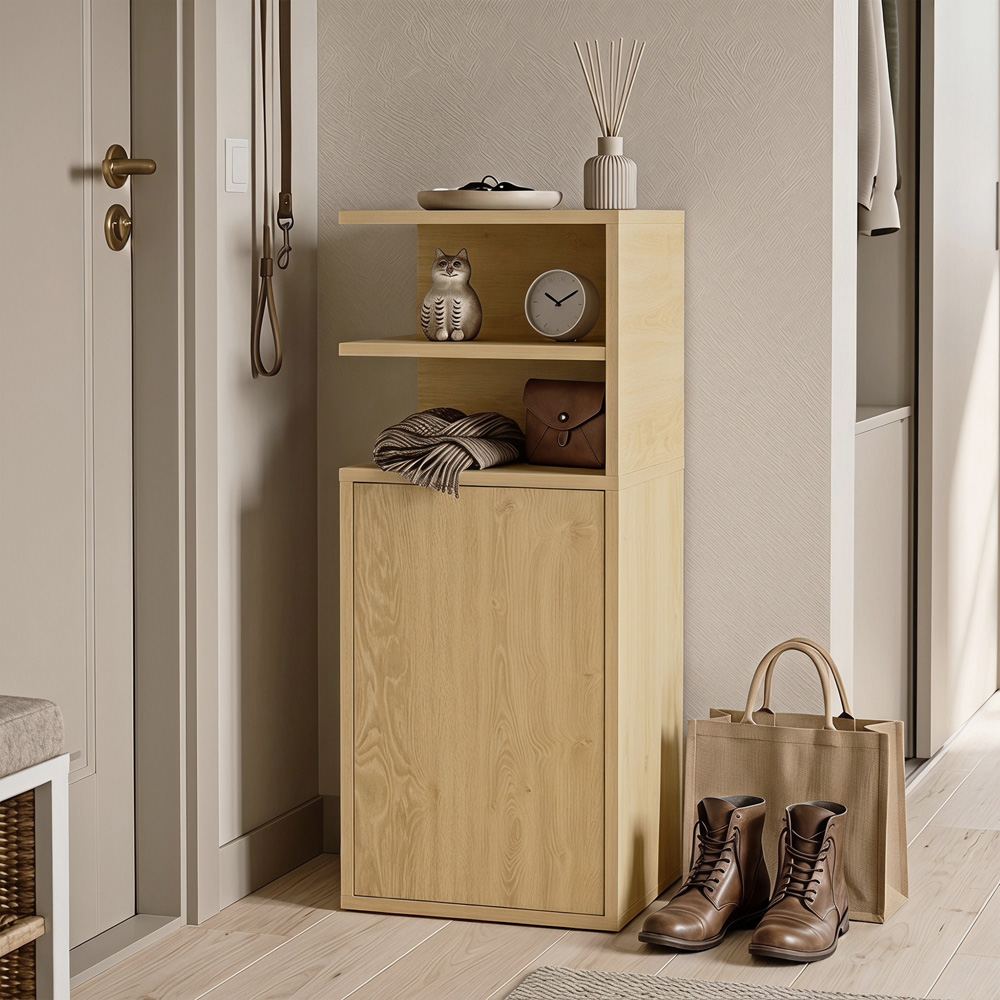 HOMCOM Single Door Oak Slim Bedside Table with Open Cubbies Set of 2 Image 2