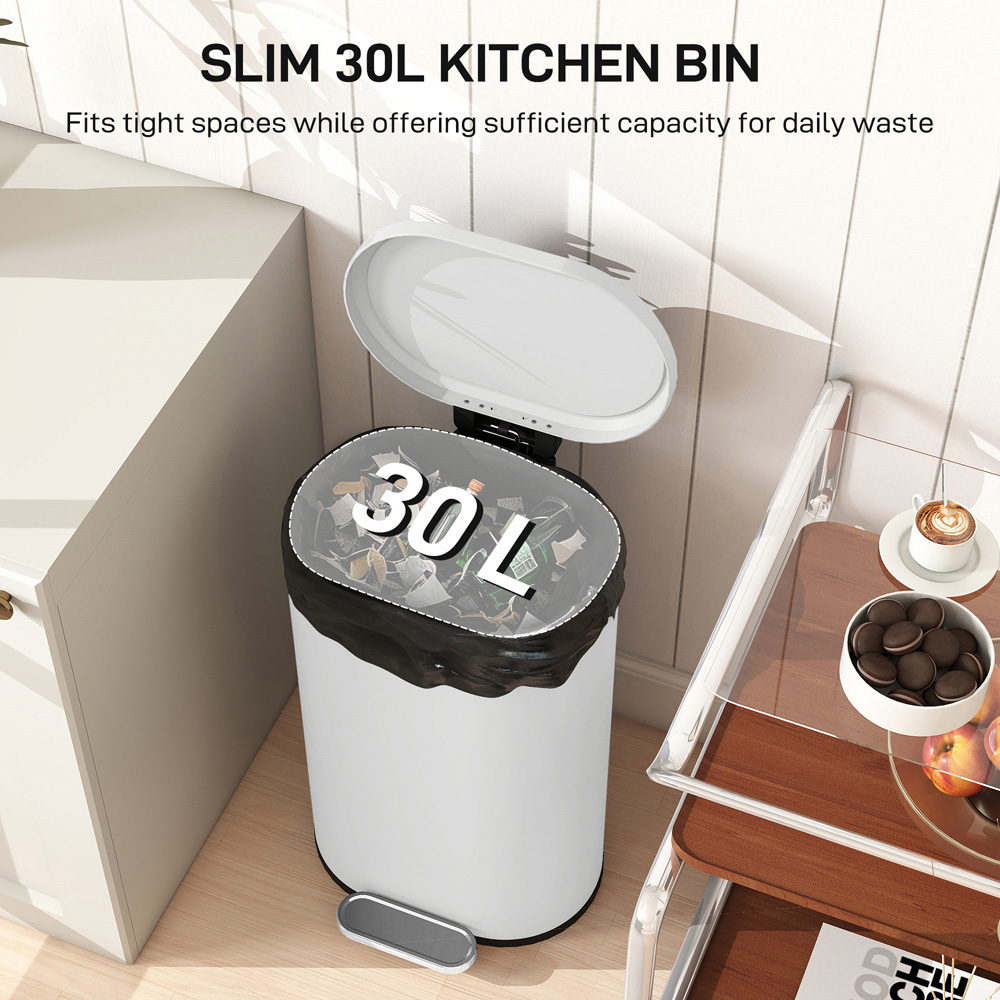 HOMCOM Cream Slim Rectangular Kitchen Pedal Bin with Soft-Close Lid 30L Image 4